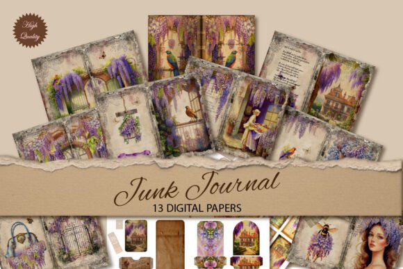 Embrace Vintage Charm: Wisteria Junk Journal Paper Backgrounds