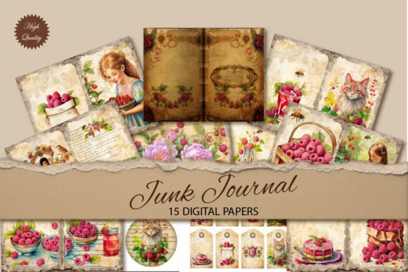 Raspberry Junk Journal Paper Backgrounds: A Vintage Watercolor Collection