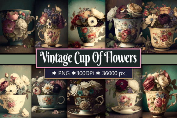Vintage Cup of Flowers Backgrounds: Elegant Design Assets